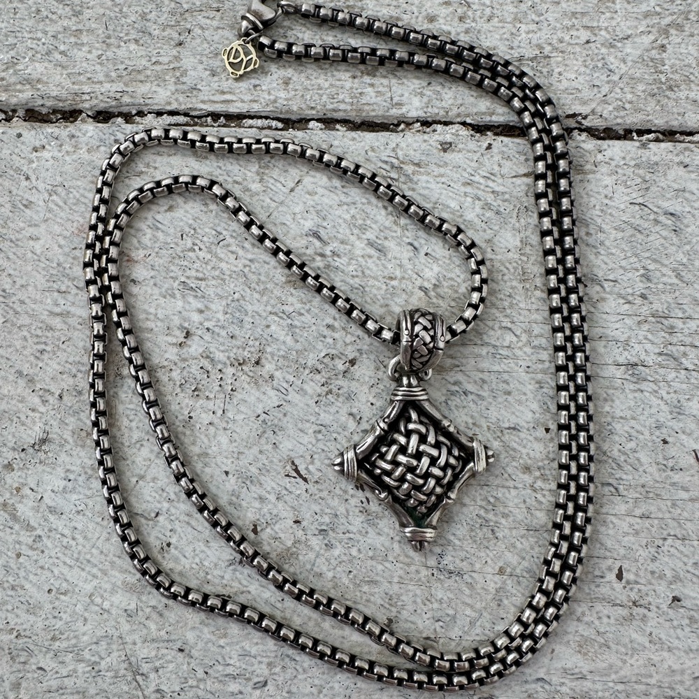 David Yurman 32” Box Chain With John Hardy Basket Weave Pendant All Sterling